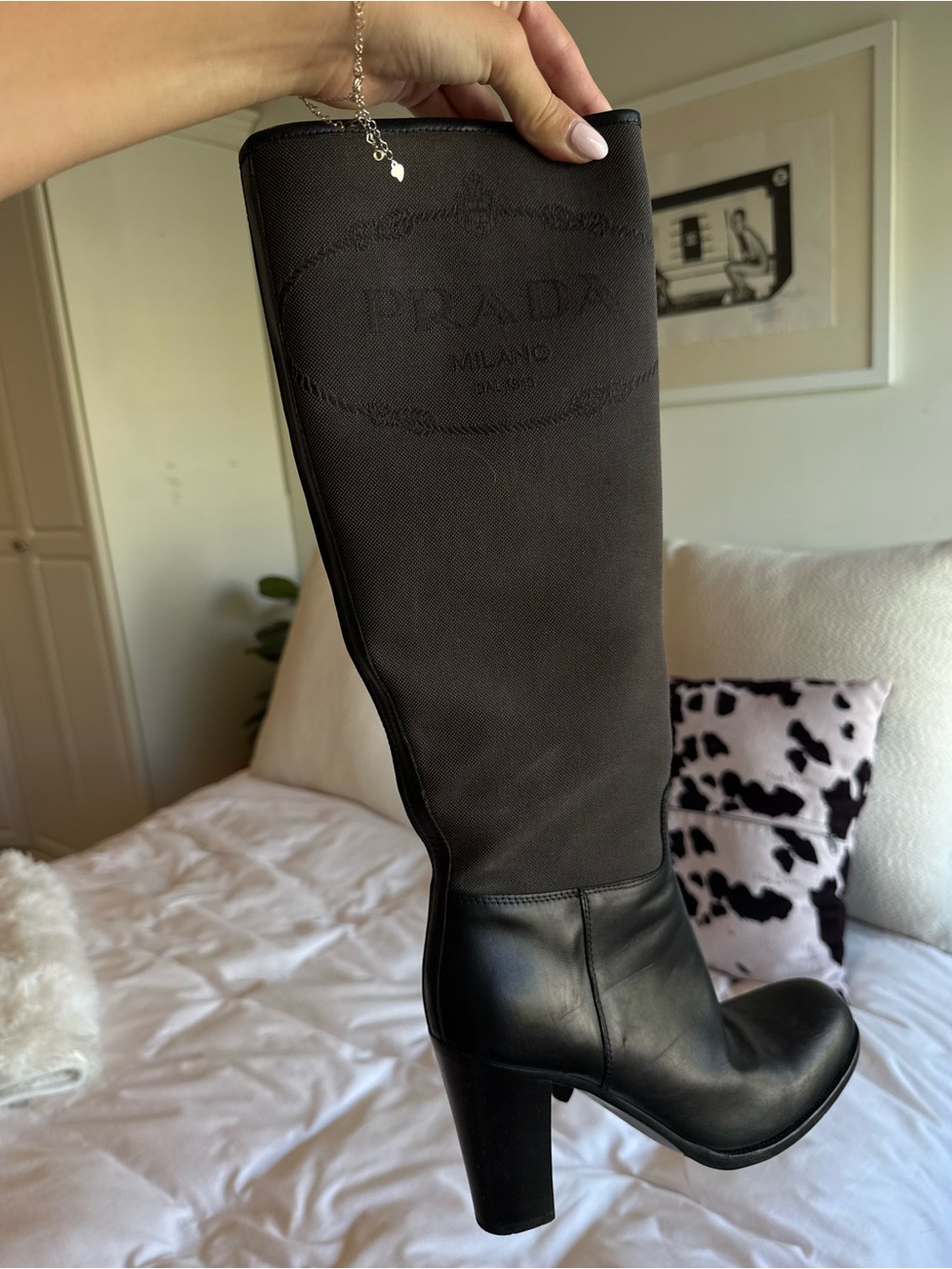 Prada Black Over-the-Knee Leather and Fabric Boots